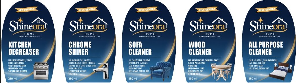 Shineora Home product range: Kitchen Degreaser, Chrome Shiner, Sofa Cleaner, Wood Cleaner, All Purpose Cleaner